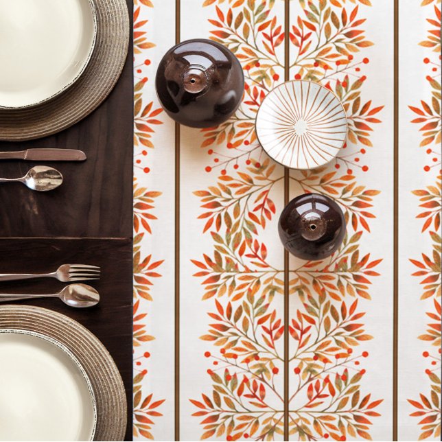 Rote Berries & Blätter Kurzer Herbsttisch Kurzer Tischläufer (Modern Autumn Table Runner with Rowen Berries & Colorful Leaves in Shades of Sienna, Olive, and Gold)