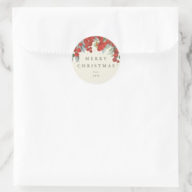 Rote Berries + Eukalyptus Frohe Weihnachten/Custom Runder Aufkleber (Tasche)