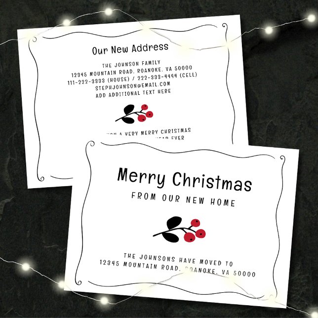 Rote Berries Holiday Moving an der Grenze Ankündigung (Zazzle Wavy Border Red Christmas Berries Holiday Moving Announcement Flat Card)