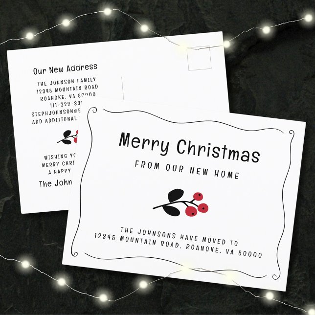Rote Berries Holiday Moving an der Grenze Ankündigungspostkarte (Zazzle Wavy Border Red Berries Holiday Moving Announcement Postcard)
