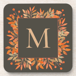 Rote Berries und Herbstlaub Brown Monogram Getränkeuntersetzer