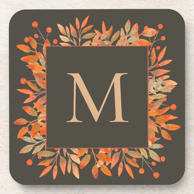 Rote Berries und Herbstlaub Brown Monogram Getränkeuntersetzer (Vorderseite)