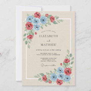 Rote Blaue Botanische Blüten Hochzeit Einladung