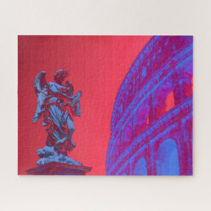 Rote, blaue digitale Kunst des Kolosseums und Stat