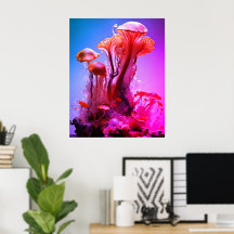 Rote + blaue farbige durchsichtige Pilze an einer