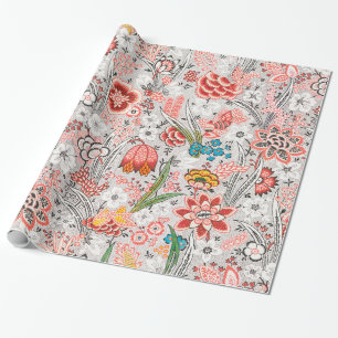 ROTE BLAUE GELBE WILDBLUMEN TULPEN, BLÄTTER FLORAL GESCHENKPAPIER