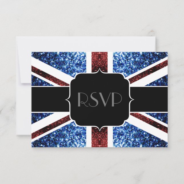 Rote blaue Glitzern (englische Flagge) Glitzer Swe RSVP Karte (Vorderseite)