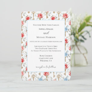 Rote Blaue Rosen Goldene Schlüssel Hochzeit Einladung