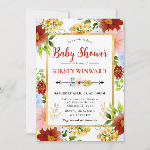 Rote, blaue und gelbe Blumen - Babyparty Einladung