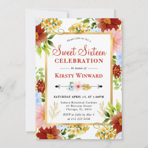 Rote, blaue und gelbe Blumen Sweet Sixteen Einladung