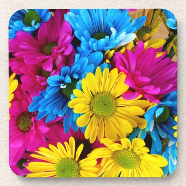 rote, blaue und gelbe Gänseblümchen quadratischer  Getränkeuntersetzer (Vorderseite)