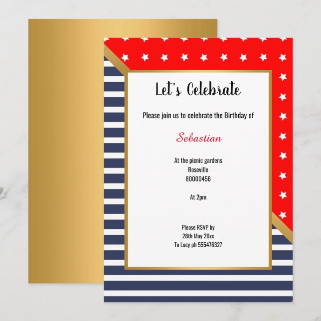 ROTE BLAUE WHITE GOLD STARS & STRIPES GEBURTSTAG EINLADUNG (Vorne/Hinten)