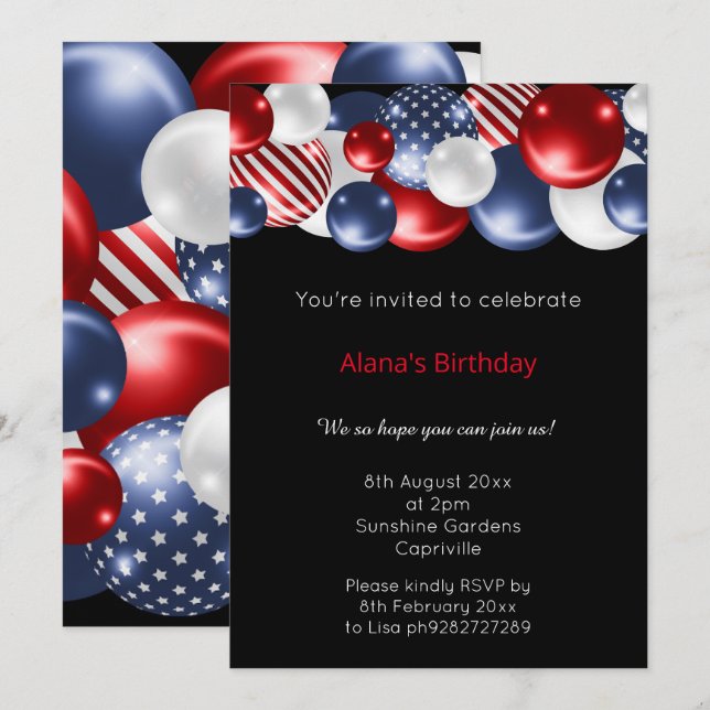 ROTE BLUE BLACK PATRIOTIC BALLOON INVITATION EINLADUNG (Vorne/Hinten)