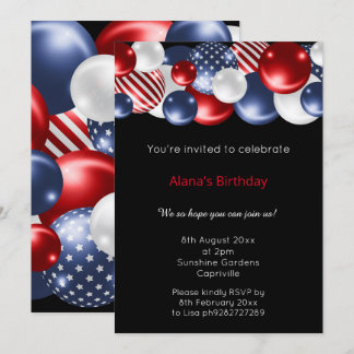 ROTE BLUE BLACK PATRIOTIC BALLOON INVITATION EINLADUNG