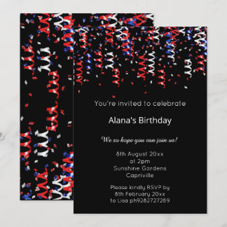 ROTE BLUE BLACK PATRIOTISCHE RIBBONS GEBURTSTAG EINLADUNG