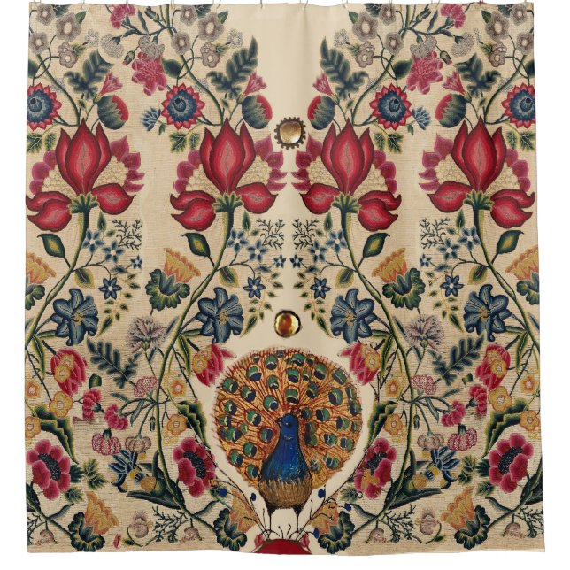 ROTE BLUE YELLOW BLUMEN UND PEACOCK Antike Blumen Duschvorhang (Vorderseite)