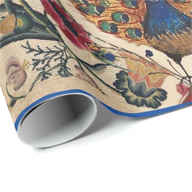 ROTE BLUE YELLOW BLUMEN UND PEACOCK Antike Blumen Geschenkpapier (Rolleneckpunkt)