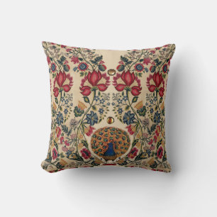 ROTE BLUE YELLOW BLUMEN UND PEACOCK Antike Blumen Kissen