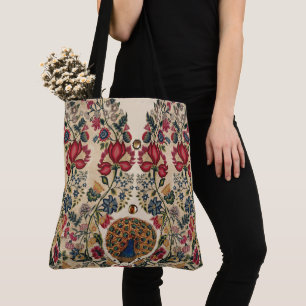 ROTE BLUE YELLOW BLUMEN UND PEACOCK Antike Blumen Tasche