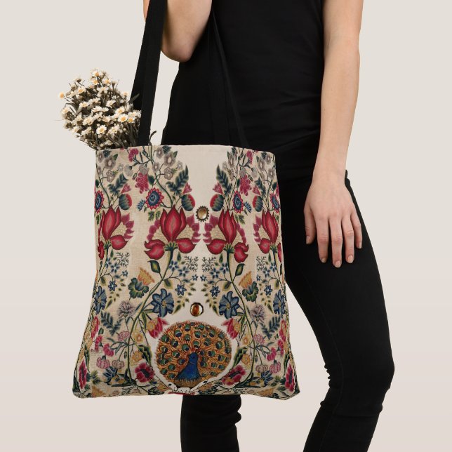 ROTE BLUE YELLOW BLUMEN UND PEACOCK Antike Blumen Tasche (Von Nahem)