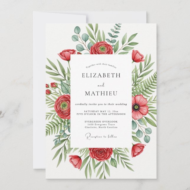 Rote blühende botanische Hochzeit Einladung (Vorderseite)