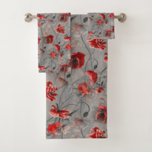 Rote Blume auf Dunkelgrau, Rote Pfeffer Blumendruc Badhandtuch Set