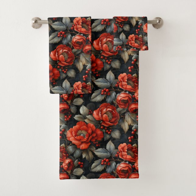 Rote Blume auf schwarz Badhandtuch Set (Insitu)