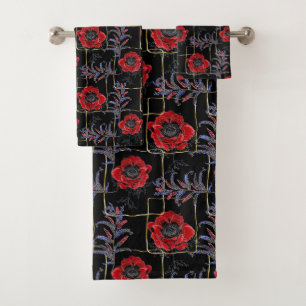 Rote Blume auf schwarz. Badhandtuch Set