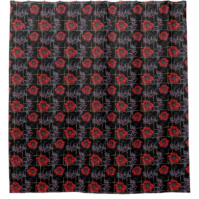 Rote Blume auf schwarz. Duschvorhang (Vorderseite)