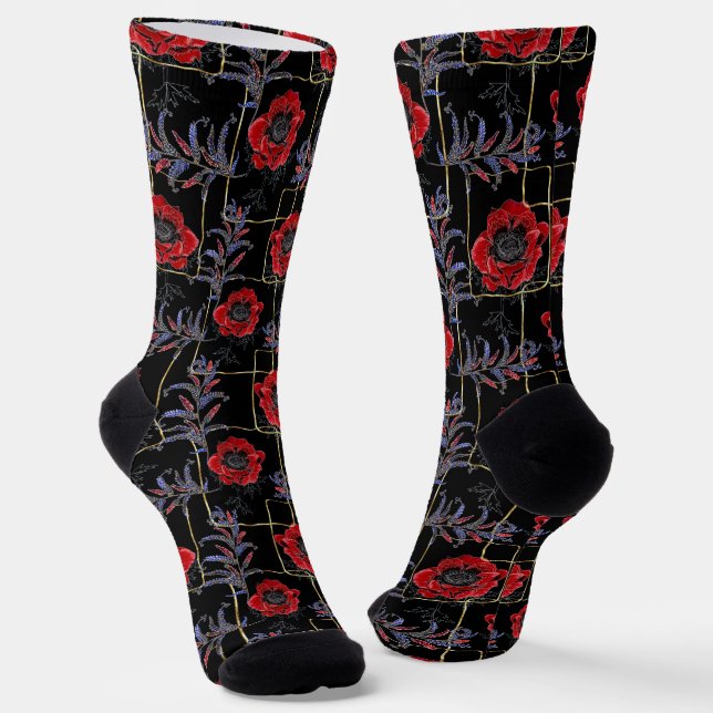 Rote Blume auf schwarz. Socken (Gewinkelt)