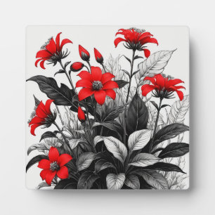 Rote Blume auf Schwarz-weiße Pflanze Fotoplatte