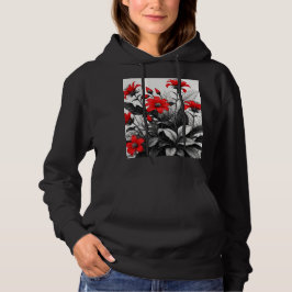 Rote Blume auf Schwarz-weiße Pflanze Hoodie