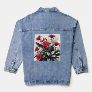 Rote Blume auf Schwarz-weiße Pflanze Jeansjacke