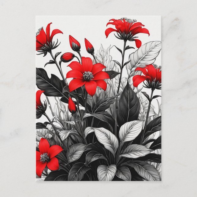 Rote Blume auf Schwarz-weiße Pflanze Postkarte (Vorderseite)