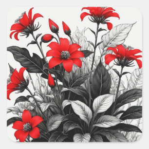 Rote Blume auf Schwarz-weiße Pflanze Quadratischer Aufkleber