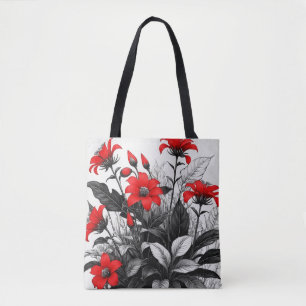 Rote Blume auf Schwarz-weiße Pflanze Tasche