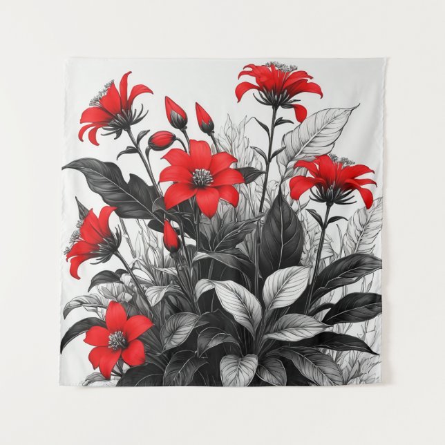 Rote Blume auf Schwarz-weiße Pflanze Wandteppich (Vorderseite)
