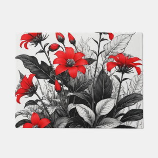 Rote Blume auf schwarz-weißer Pflanze Fußmatte