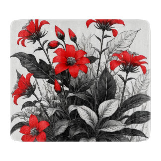 Rote Blume auf schwarz-weißer Pflanze Schneidebrett