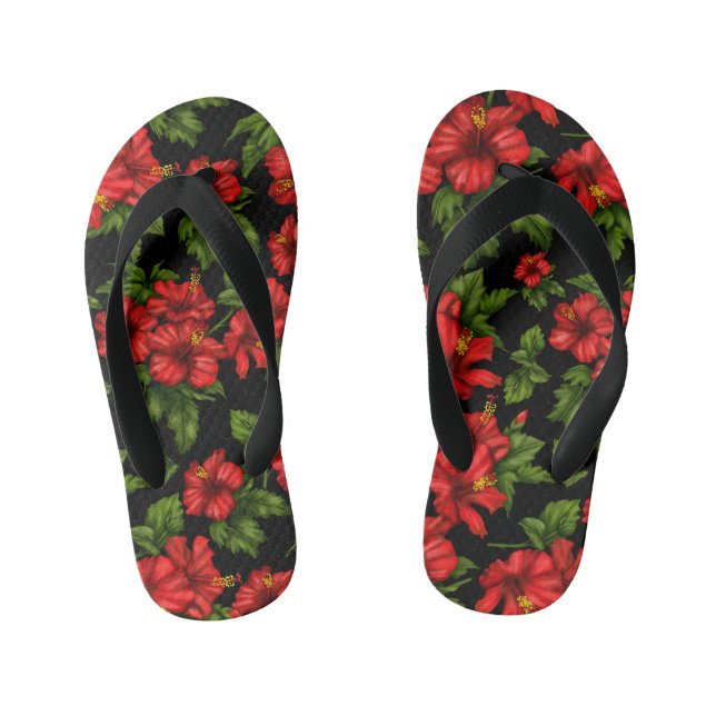 Rote Blume auf schwarzem Hintergrund Kinderbadesandalen (Fußbett)
