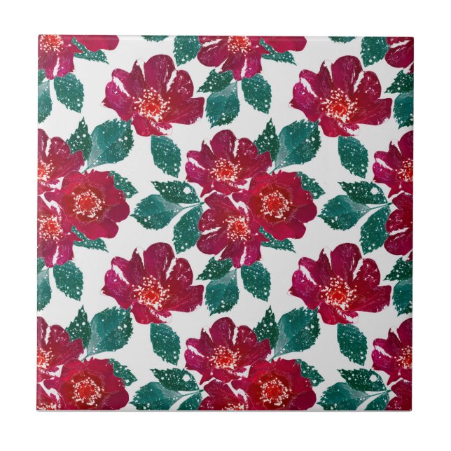 Rote Blume auf Weiß. Fliese (Vorderseite)