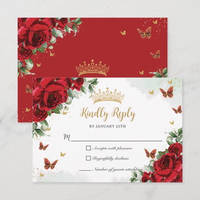 Rote Blume aus der Blüte Schmetterlinge Gold Quinc RSVP Karte (Vorne/Hinten)