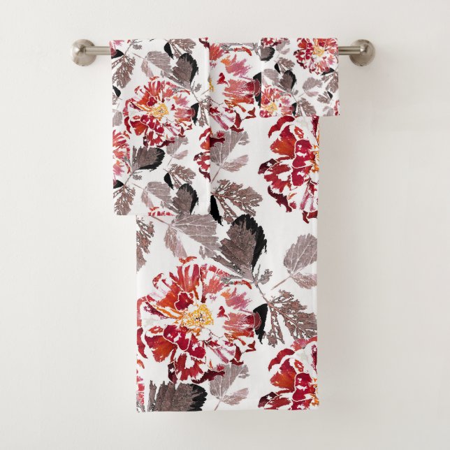 Rote Blume, Blumen, Retro, Rot und Weiß Badhandtuch Set (Insitu)