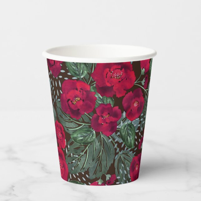 Rote Blume, Blumenmuster im Wasser. Pappbecher (Vorderseite)