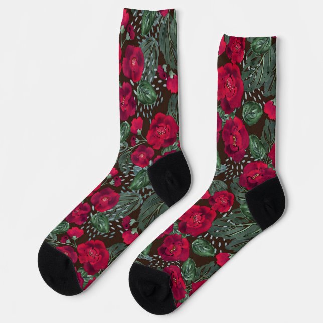 Rote Blume, Blumenmuster im Wasser. Socken (Linkes Detail)