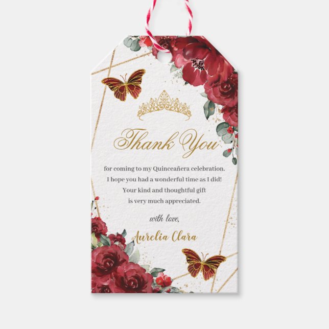 Rote Blume Blumenstrauß Butterfliegen Quince Geschenkanhänger (Vorderseite)