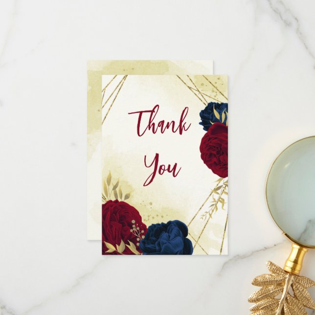 Rote Blume der Marine Gold Blätter Hochzeit Dankeskarte (Vorderseite/Rückseite Beispiel)