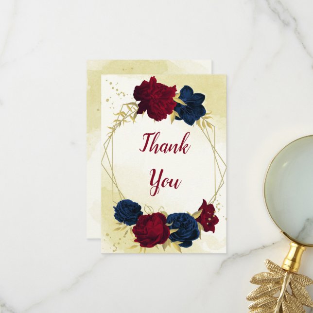 Rote Blume der Marine Gold Blätter Hochzeit Dankeskarte (Vorderseite/Rückseite Beispiel)
