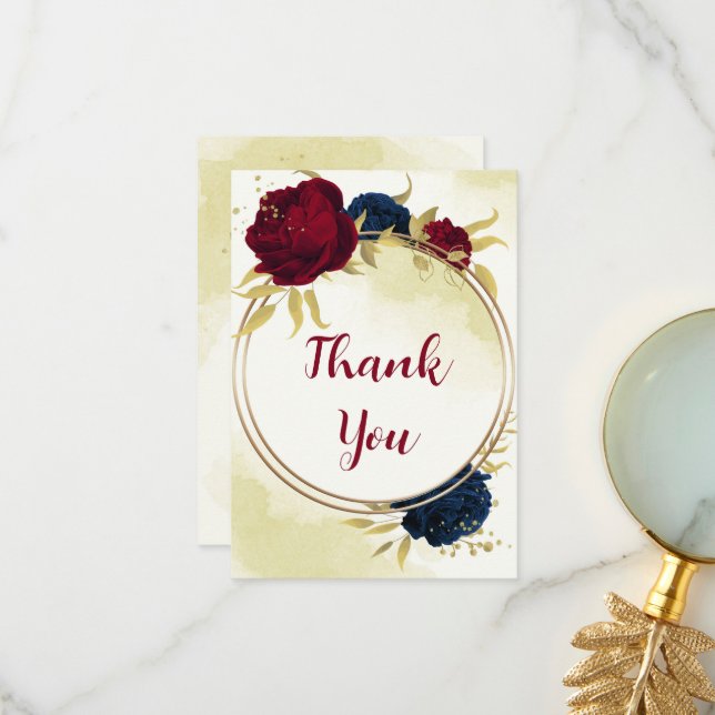 Rote Blume der Marine Gold Blätter Hochzeit Dankeskarte (Vorderseite/Rückseite Beispiel)
