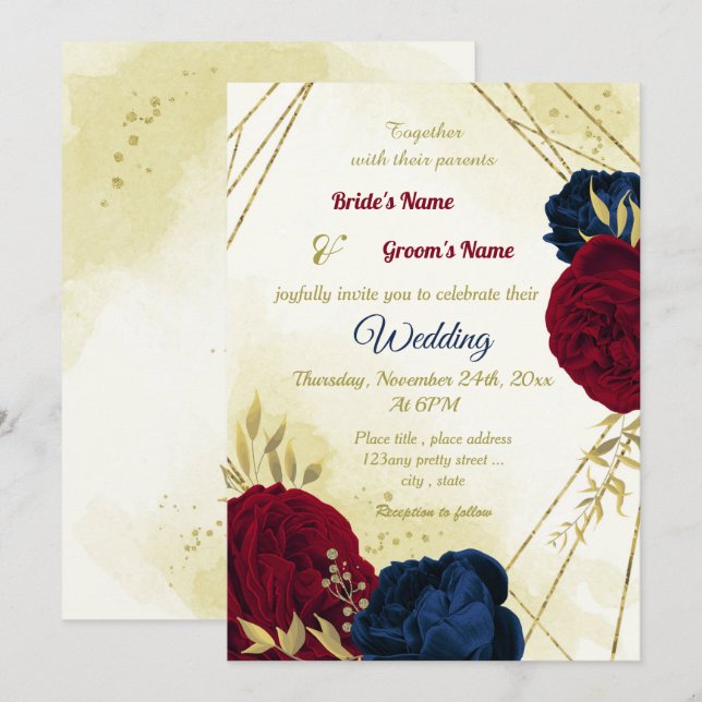 Rote Blume der Marine Gold Blätter Hochzeit Einladung (Vorne/Hinten)